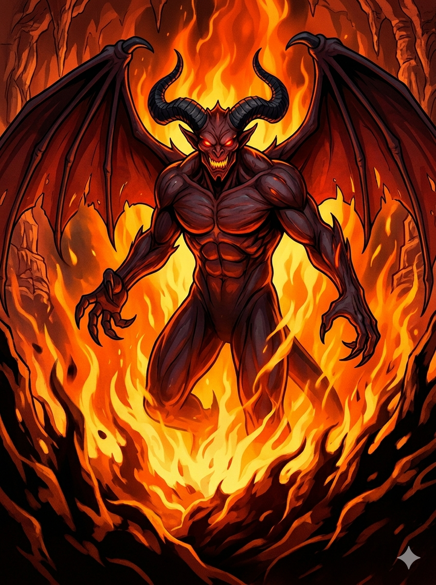 A classic hell demon amid fire and brimstone