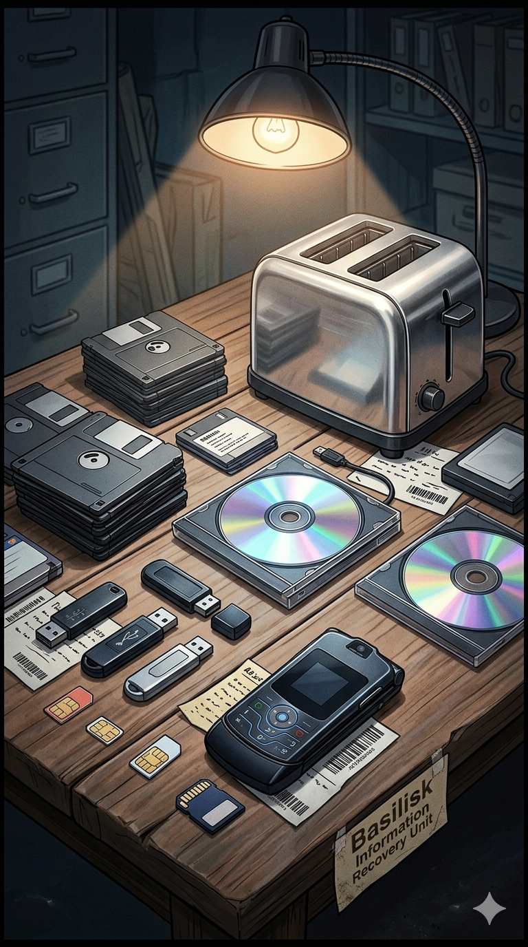 A police evidence table laid out with floppy disks, CD-ROMs, USB sticks, a flip phone, and a toaster