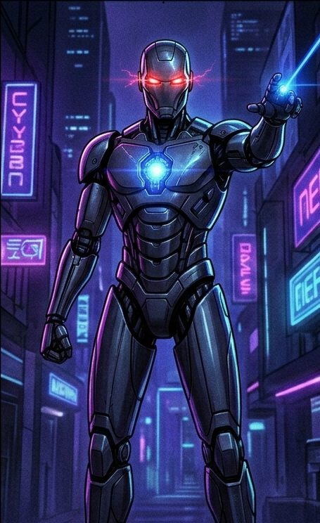 A menacing Terminator-style robot with glowing red eyes
